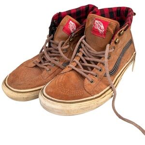 Vans Brown Suede High-Top Sneakers with Red Plaid Lining